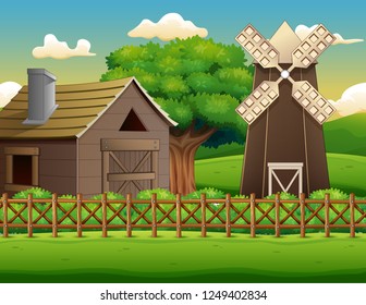 Farm landscape with shed and windmill