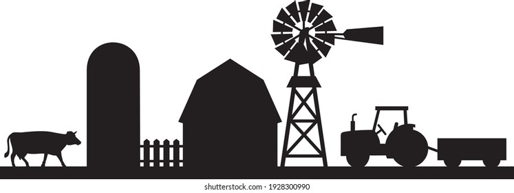 Silueta de paisaje agrícola (granero, silo, tractor, vagón, molino de viento que bombea agua, vaca, valla de madera).