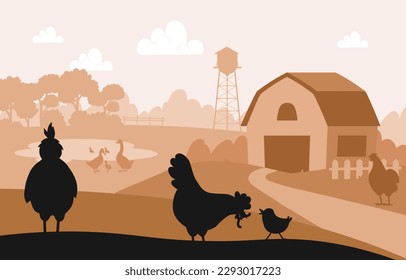 Farm landscape silhouette. Chickens and birds with worms in their beaks against backdrop of barn. Farming and countryside. Background and wallpaper. Cartoon flat vector illustration