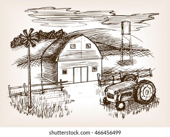 Farm landscape sketch style vector illustration. Old hand drawn engraving imitation.