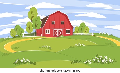 Farm with landscape. Summer green meadows.Vector illustration