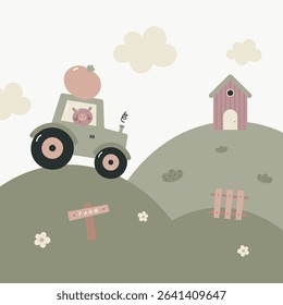 Farm landscape with tractor and cute pig. Kids print. Vector illustration in flat cartoon style.