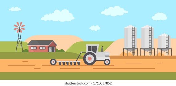 Paisaje agrícola. Tractor preparando tierra para la siembra. Agricultura y agricultura. Agricultura. Agribusiness. Estilo plano. aislado sobre fondo blanco