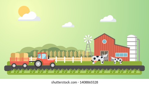 Farm landscape with tractor. Summer countryside view, agriculture concept. Farmer transport. Vector illustration in flat style