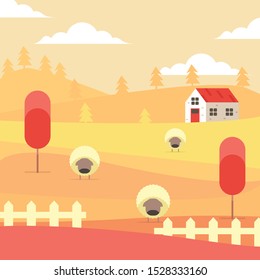 Farm landscape vector background, vector mill, house and  in the field with sheeps