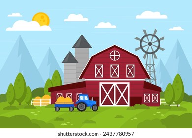 Paisaje de la granja en estilo plano vectorial