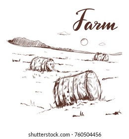 Farm landscape. Vector hand drawn. Meadow