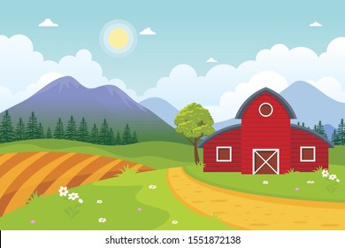 Farm Landscape Vector illustration. beautiful summer fields landscape with a shed – barn, dawn, green grass and hills, blue sky, in flat cartoon style