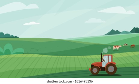 Farm landscape vector illustration with green meadow field, tractor and animal cow horse. Nature spring or summer farmland scenery. Countryside for organic production background.