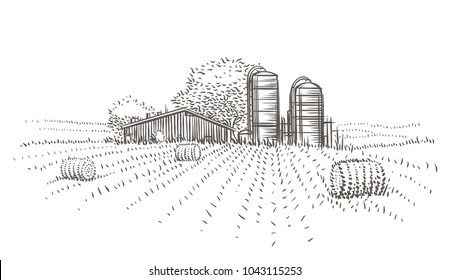 Farm Landscape View Vector Sketch. 