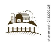 Farm landscape with village house, grain elevator and trees behind fence vector illustration