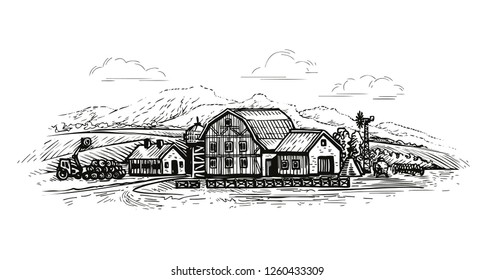 Farm landscape, village sketch. Agriculture, farming, drawn vintage vector illustration