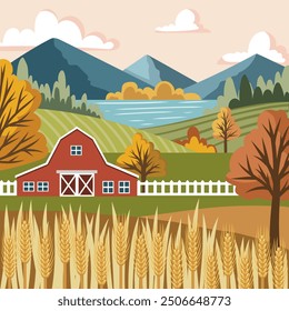 Farm landscape with wheat field and red barn. Autumn scene of rural idyll. Mountains, lake, fields and yellow trees. Autumn village background in minimalist style. Countryside vector illustration