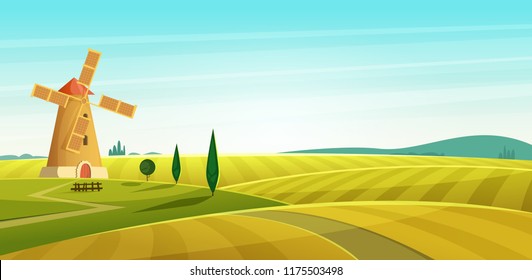 Farm landscape, windmill on field, Rural countryside. Cartoon modern style vector illustration.