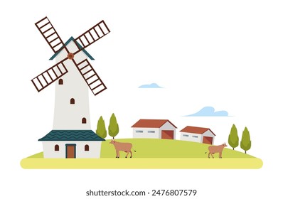 Farm landscape with windmill. Vector graphics of rural landscape, fields, livestock and barns. A flat, stylized image ideal for educational materials.