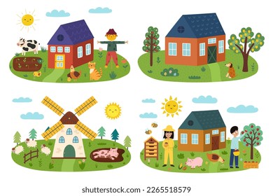 Farm landscapes set in cartoon style with farmhouses, animals and trees. Summer green meadow prints collection isolated on white. Outdoor garden background. Vector illustration