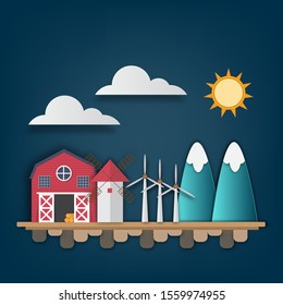 Farm Lanscape In Paper Art Design .Vector Illustration.