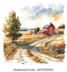 farm lanscape vector illustration in watercolor style