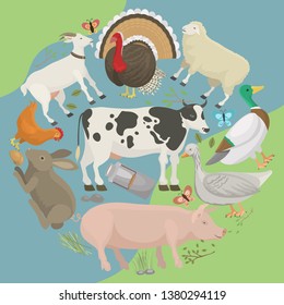 Farm life with animals banner vector illustration. Collection of cute pets. Domestic animals as cow, pig and goose,butterfly, hen, turkey, chick, rabbit, sheep. Local market. Eggs.