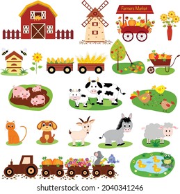 Farm life animals and barn vector illustrations 