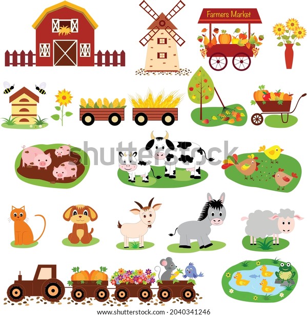Farm life\
animals and barn vector illustrations\
