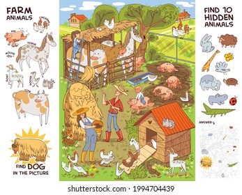 Farm life and farm animals. Find all farm animals. Find 10 hidden objects in the picture. Puzzle Hidden Items. Funny cartoon character. Vector illustration. Set