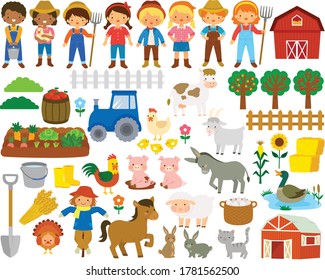 Farm life clipart set. Big collection of farm animals, farmers and items related to farming and agriculture. 