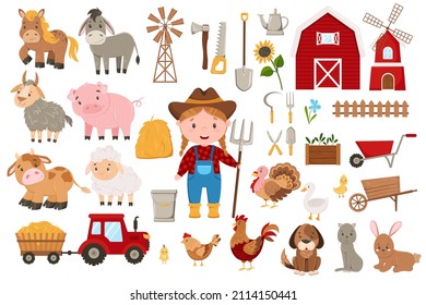 Farm life clipart set. Large collection of farm animals, farmer and farming and farming related items. Farm animals and birds, farming tool