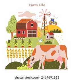 Farm Life concept. A picturesque depiction of rural agriculture with a barn, livestock, and crops. Grazing cow and farm machinery add charm. Vector illustration.