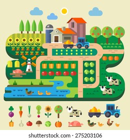 Farm life, country house. Village garden with tractor and windmill. Fruits and vegetables: pumpkin, tree, apple, sunflower, cabbage, tomato. Animals: pig, duck, cow, chicken. Vector flat illustration