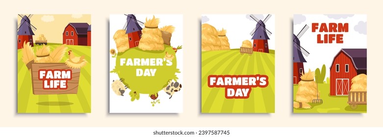 Farm life cover brochure set in flat design. Poster templates with mills, barns for hay, straw haystacks, plantation fields, poultry and livestock farming, gardening business. Vector illustration