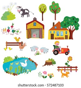 Farm life design elements set - funny design, vector graphic illustration