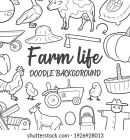 Farm Life Doodle Banner Icon. Animals and Agriculture Vector Illustration Hand Drawn Art. Line Symbols Sketch Background.