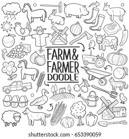 Farm Life Doodle Icons Hand Made. Farmer animals and agriculture. Line art vector illustration.