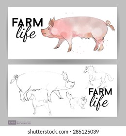 Farm life. Flyer design with pig