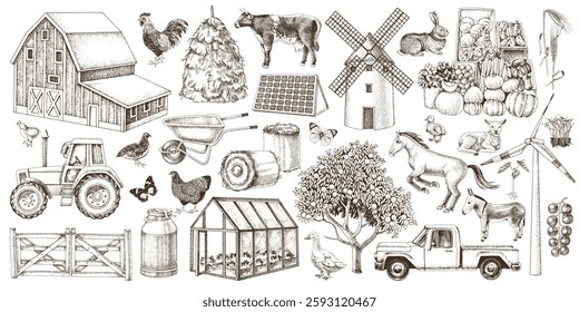 Farm life hand drawn vector set