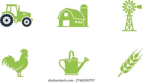 Farm Life Icon Set - 6 Minimalist Flat Vector Silhouette Symbols of Tractor, Barn, Windmill, and Agriculture