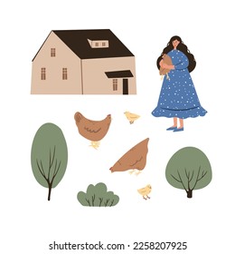 farm life illustration, domestic animals clipart, cottage scenery clip art, flat vector style, chicken, girl, small house, tree