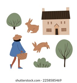 farm life illustration, domestic animals clipart, cottage scenery clip art, flat vector style, rabbit, girl, small house, tree