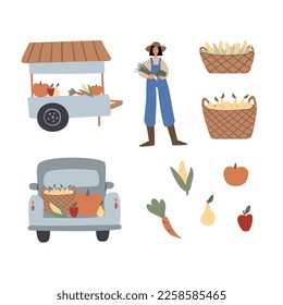farm life illustrations, farm market clipart, farmer flat vector style, pickup, car, trolley, pear, apple, pumpkin, carrot, corn