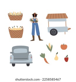 farm life illustrations, farm market clipart, black farmer flat vector style, pickup, car, trolley, pear, apple, pumpkin, carrot, corn