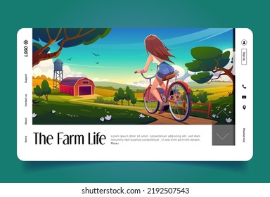 Farm life landing page horizontal template. Cartoon vector illustration of girl riding bicycle in rural area. Summer field landscape, flowers, grass, trees. Agricultural business. Eco tourism