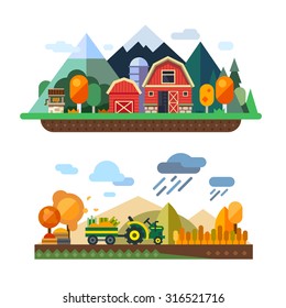 Farm life: natural economy, agriculture, autumn harvesting, life in the countryside, village landscapes with mountains and hills. Tractor in the field harvests. Vector flat illustration