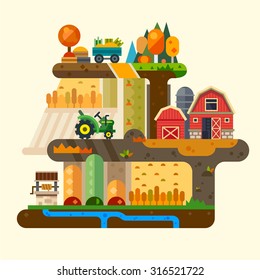 Farm life: natural economy, agriculture, seeding, watering, autumn harvesting. Village landscapes with farm building, tractor, well, field, garden, trees. Vector flat illustration
