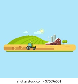 Farm life: natural economy, agriculture,  harvesting, life in the countryside, rural landscapes with fields and hills. Tractor in the field harvests. Vector flat illustration