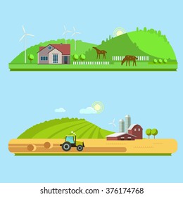 Farm life: natural economy, agriculture,  harvesting, life in the countryside, rural landscapes with fields and hills. Tractor in the field harvests. Set vector illustrations