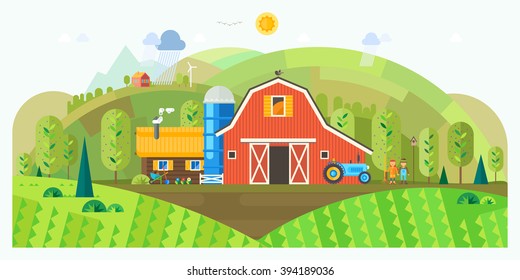 Farm life: natural economy, agriculture, autumn harvesting, life in the countryside, village landscapes with mountains and hills. Tractor in the field harvests. Vector flat illustration