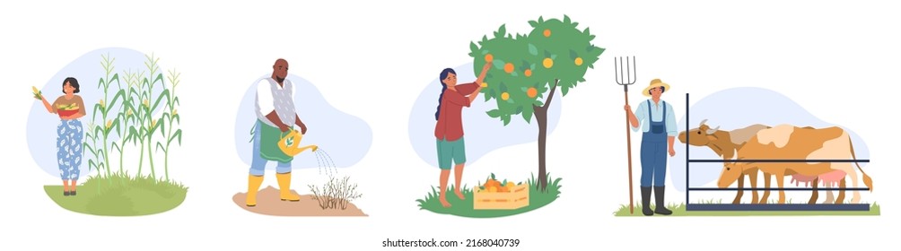 Farm life scene vector set. Garden or agriculture worker gathering fruits, growing corn agricultural products, watering seedlings, working with livestock at barnyard illustration