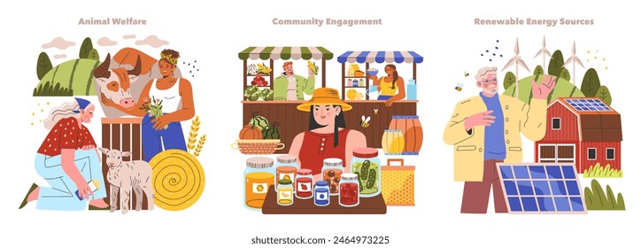 Farm Life set. Caring for livestock, local market trade, and harnessing clean energy. Rural community sustainability themes. Vector illustration.