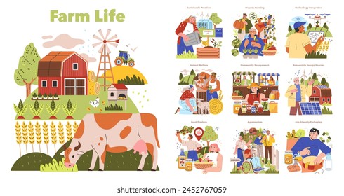 Conjunto de vida de granja. Ilustrando los muchos aspectos de la agricultura, desde el bienestar animal hasta el uso de la tecnología. Abarca la agricultura orgánica, la comunidad y la sostenibilidad. Ilustración vectorial.